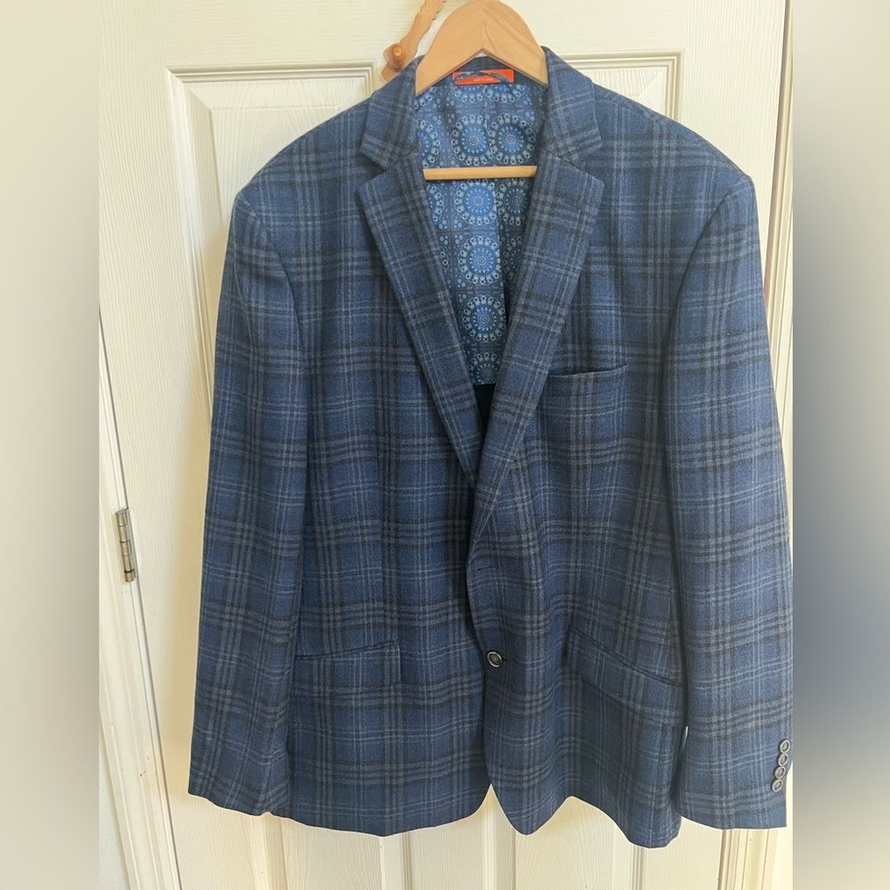 TALLIA Navy Checkered Blazer, 100% Wool, Preppy, Plaid, Grandpa Core Size 48L